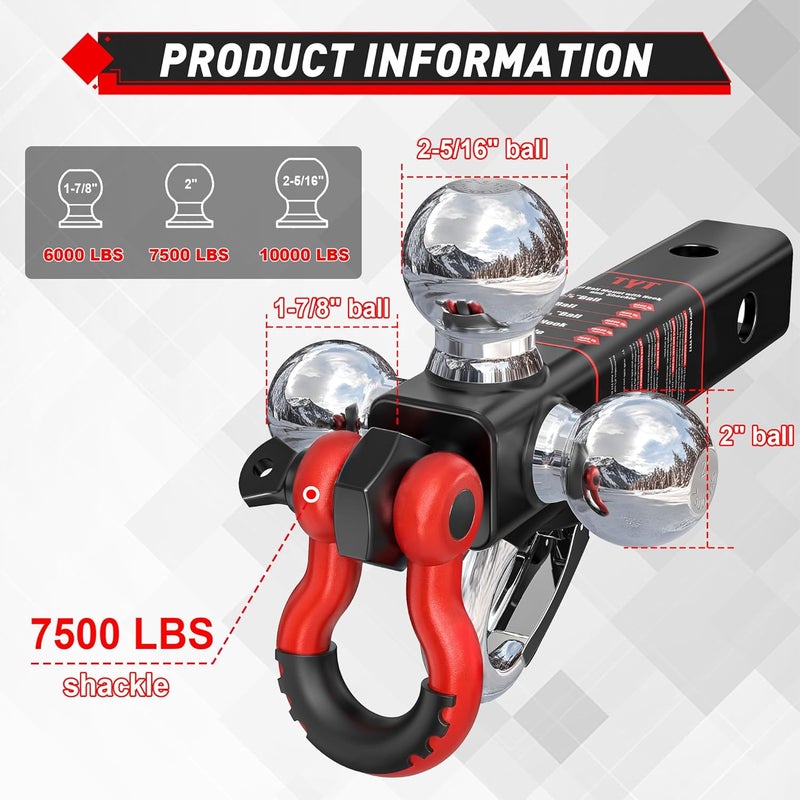 TYT Tri Ball Mount Trailer Hitch ，Fits 2 inch Receiver, Triple Balls (1-7/8", 2", 2-5/16") with Tow Hook & Shackle,10,000lbs GTW,1,000 lbs Tongue Weight, Includes Hitch Pin Lock - Image 3